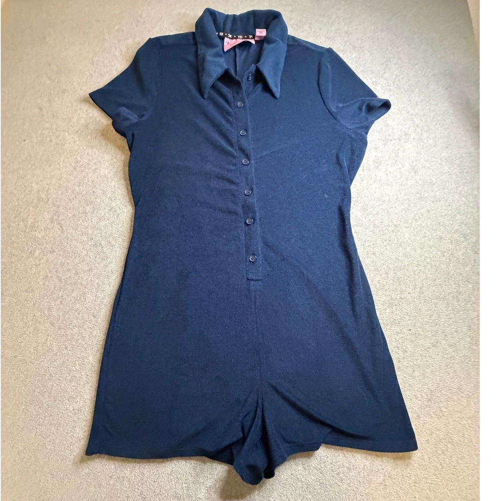 Juicy Couture Forever 21 Navy Terry Cloth Romper Rhinestone Logo Y2K Blue XL